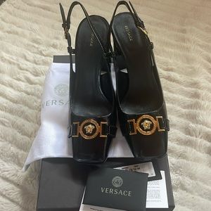 Versace La Medusa Square Toe Slingback Pumps